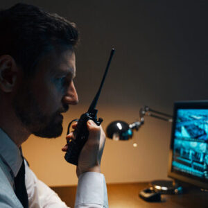 A fire watch guard in a suit uses a radio, alert and focused in San Jose, CA.

